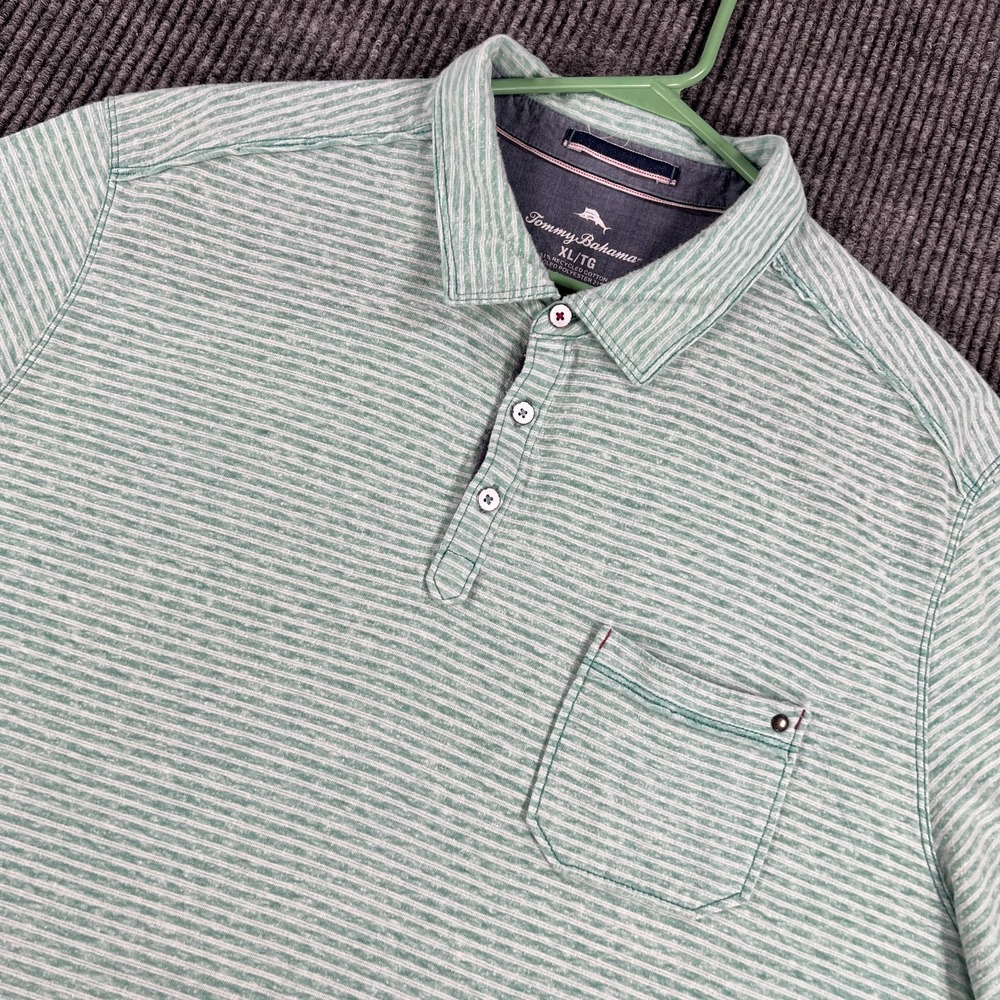 Tommy Bahama Polo Shirt Mens XL Extra Large Green Striped Short Sleeve Golf
